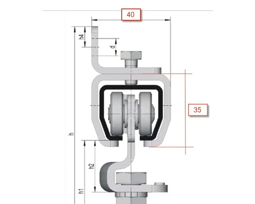 Technische Zeichnung eines Schiebetürbeschlags mit Maßangaben
