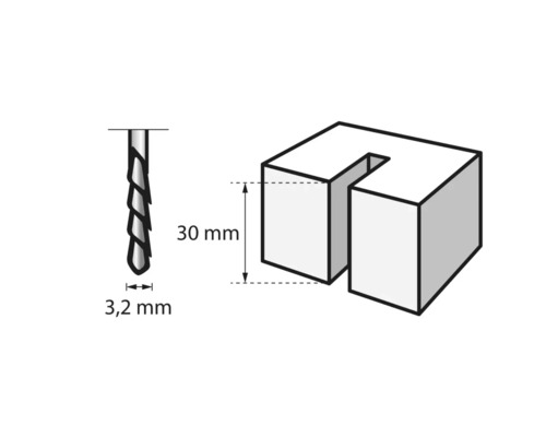 Skizze eines 3,2-Millimeter-Bohrers und eines 30-Millimeter-Holzstücks
