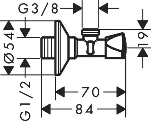 Schéma technique d''un robinet d''équerre avec dimensions