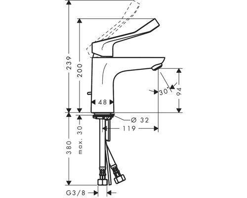 Schéma technique d''un robinet de lavabo avec indication des dimensions