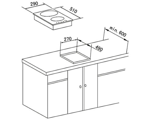 Einbauskizze eines Kochfeldes mit Maßen für den Einbau in eine Küchenarbeitsplatte.
