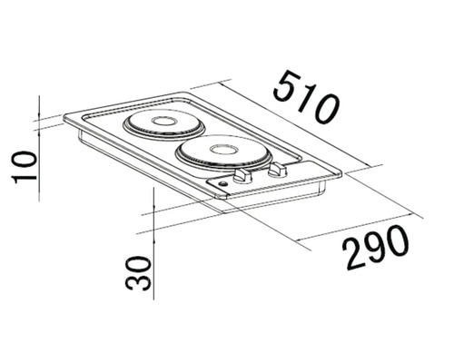 Zeichnung eines Kochfeldes mit zwei Kochstellen und Massangaben