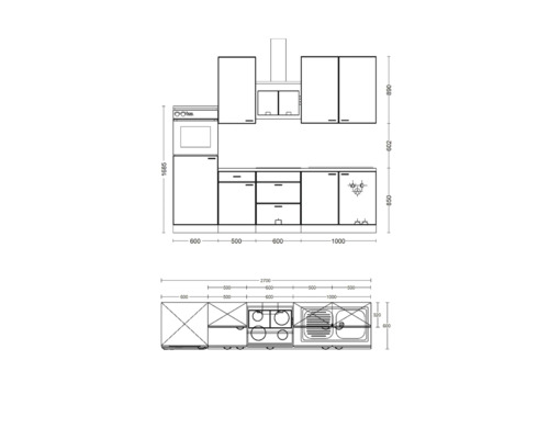 Schéma d''une kitchenette avec dimensions pour la planification de la cuisine.