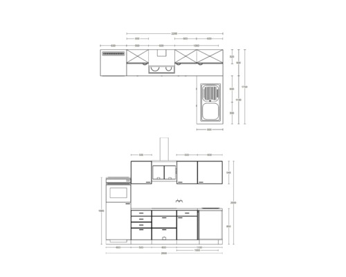 Planification de cuisine avec les dimensions en vue de dessus et vue de face