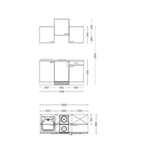 Schéma d''une kitchenette avec évier, plaque de cuisson et éléments hauts avec dimensions