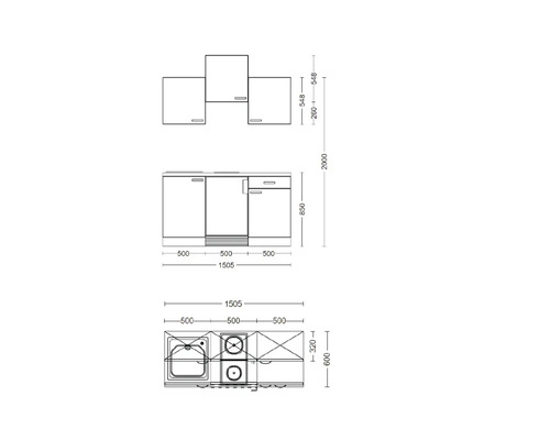 Schéma d''une kitchenette avec évier, plaque de cuisson et éléments hauts avec dimensions