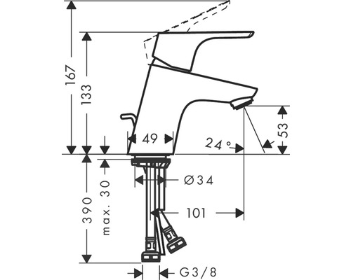 Technische Zeichnung einer Armatur mit Maßangaben