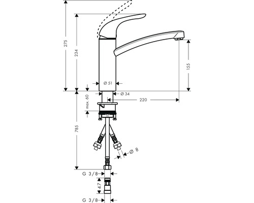 Schéma technique d''un robinet de cuisine avec dimensions