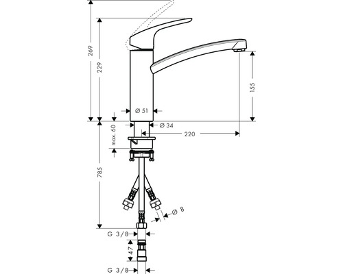 Schéma technique d''un robinet avec dimensions.