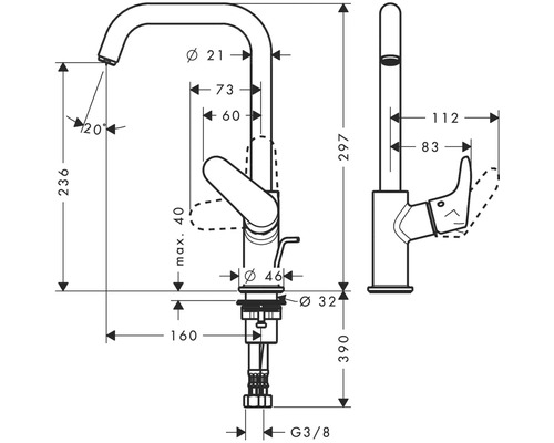 Technische Zeichnung einer Armatur mit Massangaben