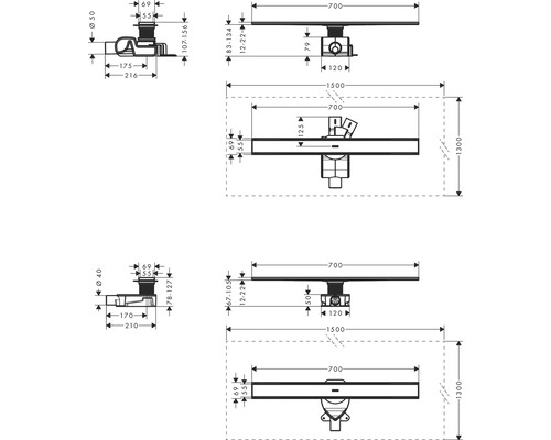 Schéma technique d''un caniveau de douche avec indications de dimensions