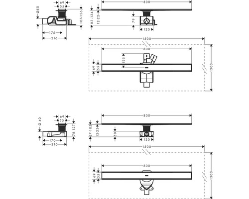 Technische Zeichnung einer Duschrinne mit Maßangaben