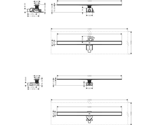 Dessin technique d''un caniveau de douche avec indications de dimensions