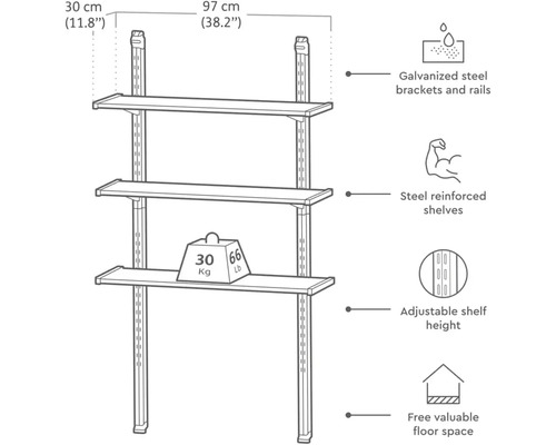 Illustration d''un système d''étagères avec supports et rails en acier galvanisé, étagères renforcées en acier et hauteur réglable