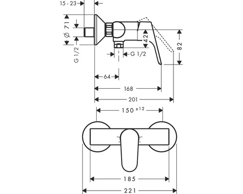 Masszeichnung einer Armatur mit den zugehörigen Massen