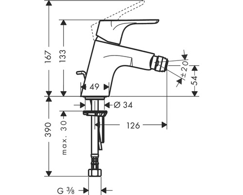 Schéma technique d''un robinet avec indications de dimensions.