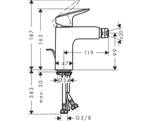 Masszeichnung einer Armatur mit Höhen- und Breitenangaben