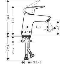 Dessin technique d un mitigeur de lavabo avec indications de hauteur, de saillie et de dimensions de raccordement en millimètres.