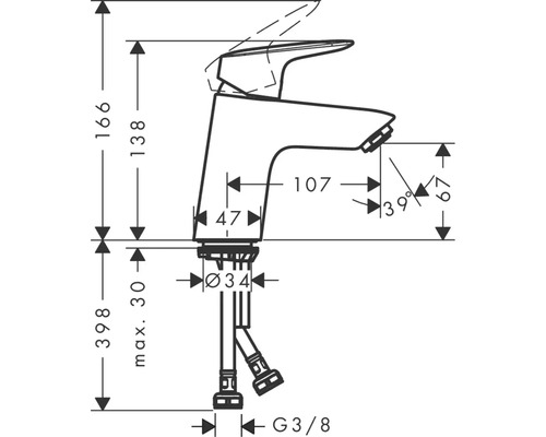 Dessin technique d un mitigeur de lavabo avec indications de hauteur, de saillie et de dimensions de raccordement en millimètres.