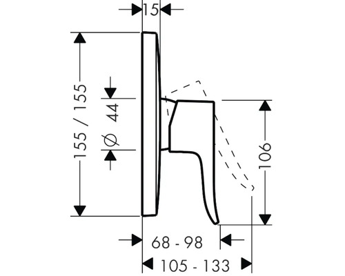 Schéma technique d''un robinet avec indications de dimensions.