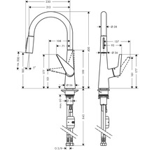 Schéma technique d''un robinet de cuisine avec cotes
