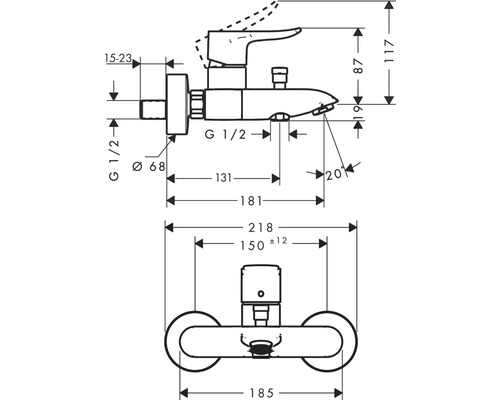 Schéma technique d''un robinet avec indication des dimensions