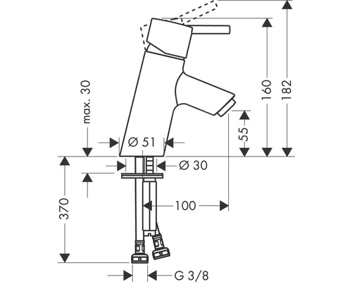 Technische Zeichnung einer Armatur mit Massangaben