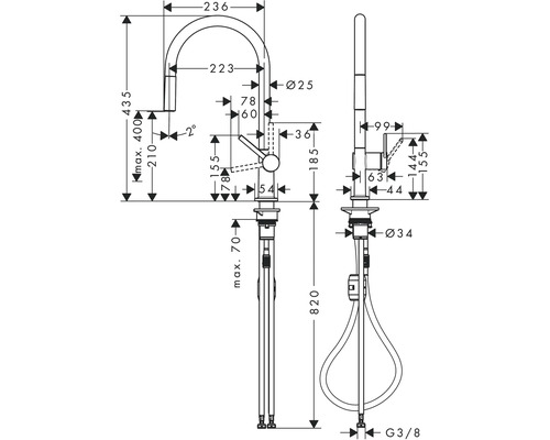 Dessin technique d''un robinet de cuisine avec dimensions.