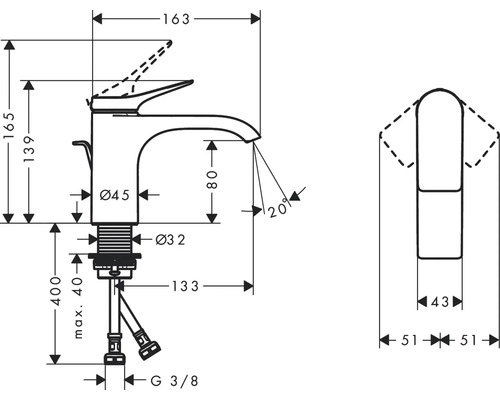 Technische Zeichnung einer Armatur mit Massangaben