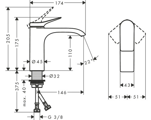 Technische Zeichnung einer Armatur mit Maßangaben