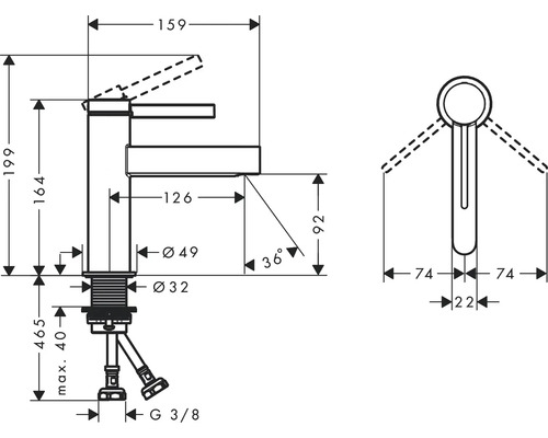 Technische Zeichnung einer Armatur mit Massangaben