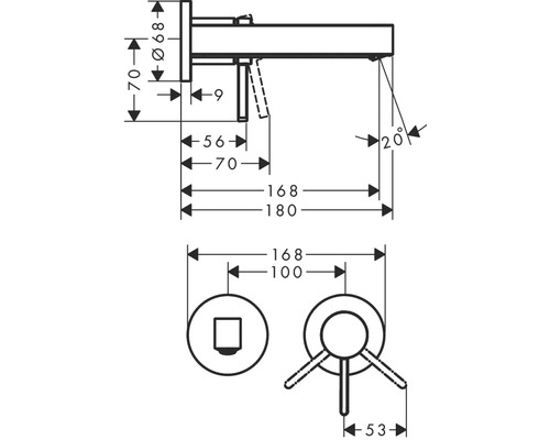 Technische Zeichnung einer Armatur mit Massangaben
