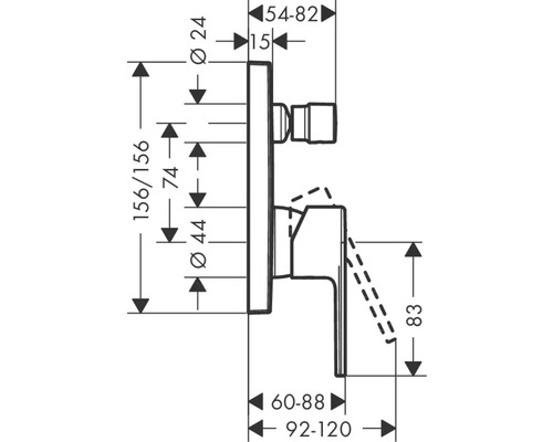 Schéma technique d''un robinet avec indications de mesure.
