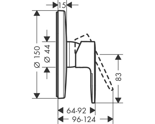 Technische Zeichnung einer Armatur mit Massangaben