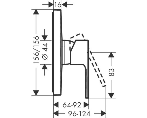Technische Zeichnung einer Armatur mit Massangaben