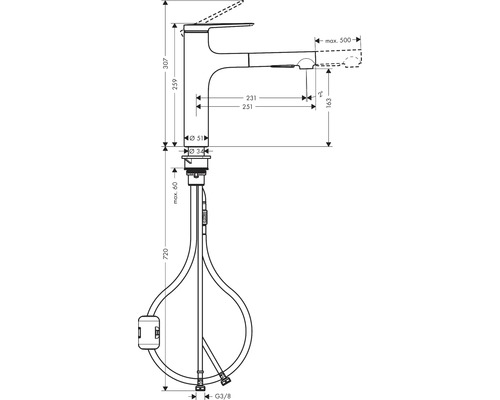 Dessin technique d''un robinet avec indications de dimension.