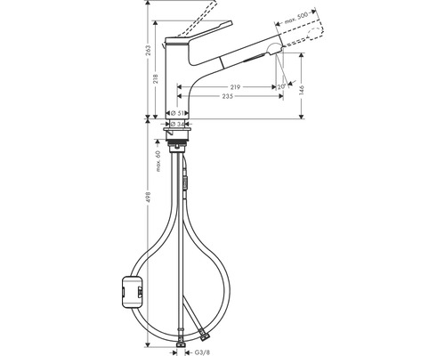 Schéma d''un robinet de cuisine avec dimensions