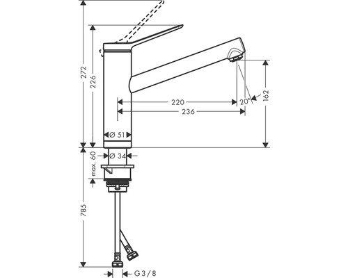 Schéma technique d''un robinet de cuisine avec dimensions