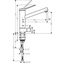 Schéma technique d''un robinet de cuisine avec dimensions