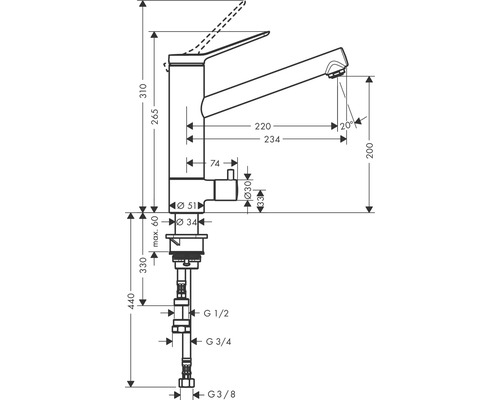 Schéma technique d''un robinet de cuisine avec dimensions