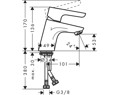 Technische Zeichnung einer Armatur mit Maßangaben