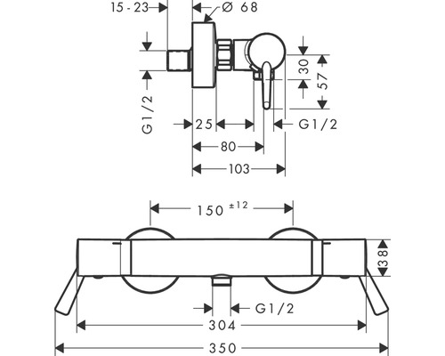 Technische Zeichnung eines Wasserhahns mit Maßangaben