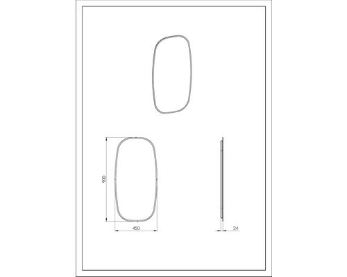 Dessin technique d''un miroir mesurant 900 x 450 x 24 millimètres.