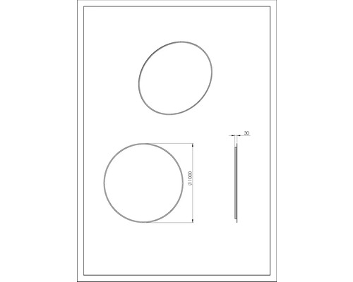 Technische Zeichnung eines runden Spiegels mit einem Durchmesser von 1000 Millimeter und einer Tiefe von 30 Millimeter.