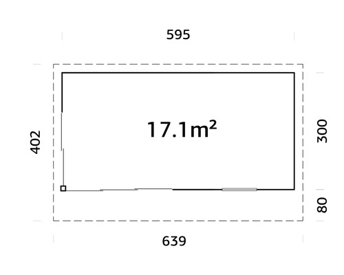 Plan avec les dimensions 639 x 595 x 402 cm et une superficie de 17,1 mètres carrés