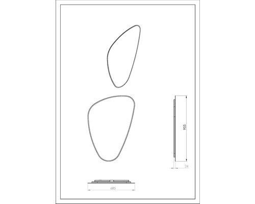 Technische Zeichnung eines Spiegels mit unregelmäßiger Form und Maßangaben.