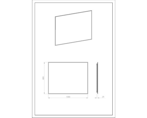 Technische Zeichnung eines Spiegels mit den Maßen 1000 x 800 x 29 mm.