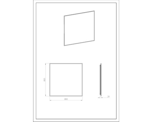 Dessin technique d''un miroir, carré, 800 x 800 mm