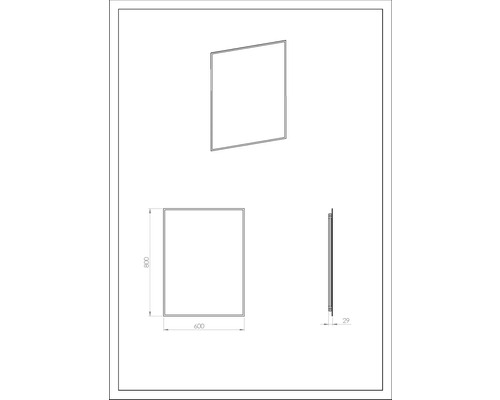 Technische Zeichnung eines Spiegels mit den Maßen 800 x 600 Millimeter und einer Tiefe von 29 Millimeter