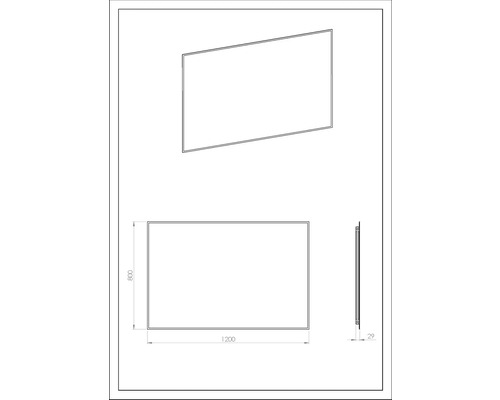 Technische Zeichnung einer Duschwand mit den Maßen 1200 x 800 x 29 mm